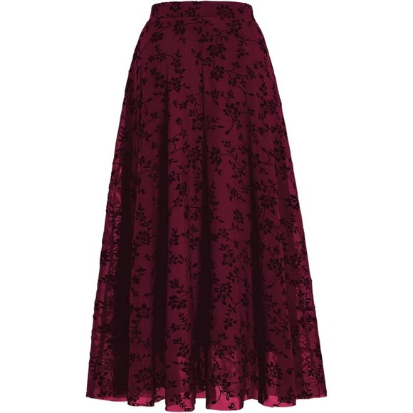 Women Red 100% Polyester Long Maxi Gothic Flowy Boho Floral Print Mesh Skirts - Picture 4 of 7